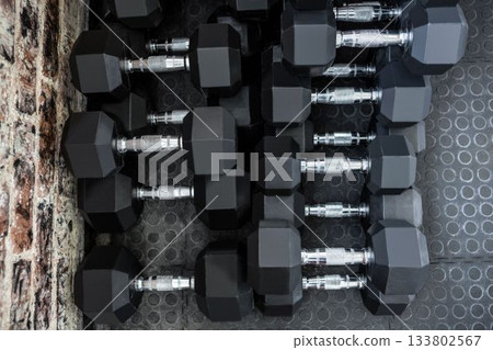 High angle view of dumbbells 133802567