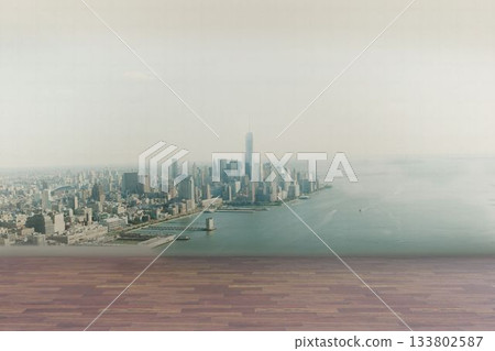 Flat design illustration is showing wood floor overlooking river skyline with skyscrapers and boats 133802587