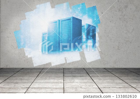 Display on wall showing server towers 133802610