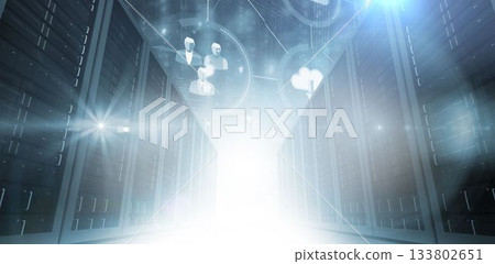 Server racks are lining flat design corridor, showing glowing floor and floating holographic icons Server racks are lining flat design corridor, showing glowing floor and floating holographic icons 133802651