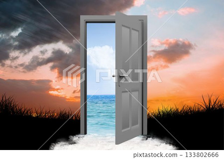 Digital image of open door with sea on silhouette grass Digital image of open door with sea on silhouette grass 133802666