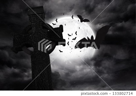 Digital image of bats flying by celtic cross Digital image of bats flying by celtic cross 133802714