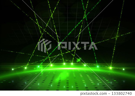 Glowing green grid platform is lighting futuristic wireframe stage, with intersecting laser beams 133802740