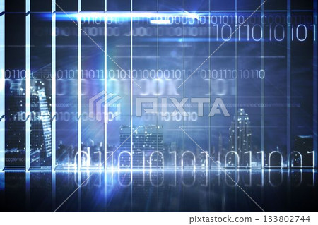 Hologram interface in office overlooking city Hologram interface in office overlooking city 133802744