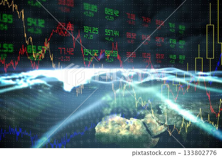Displaying Earth curvature with colored line charts, yellow candlesticks, colored tickers on grid 133802776