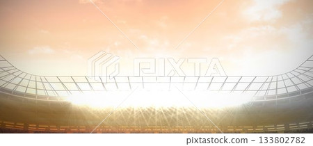 Flat design stadium interior is showing curved roof beams, glowing floodlights at dusk, empty seats Flat design stadium interior is showing curved roof beams, glowing floodlights at dusk, empty seats 133802782