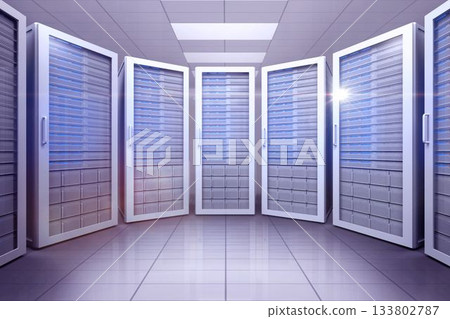 Flat design showing open server cabinets in data center aisle with blue indicator lights 133802787
