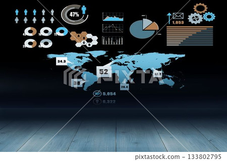 Projecting blue world map on dark wall, showing charts, infographic icons, honeycomb, counters Projecting blue world map on dark wall, showing charts, infographic icons, honeycomb, counters 133802795