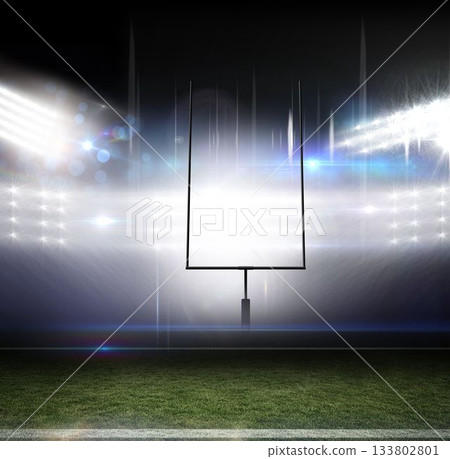 Flat design football goal post is standing on turf with white yard line under floodlight flares Flat design football goal post is standing on turf with white yard line under floodlight flares 133802801