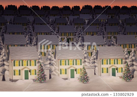 Flat design showing two-story houses with green shutters, decorated trees under snowy dusk sky Flat design showing two-story houses with green shutters, decorated trees under snowy dusk sky 133802929