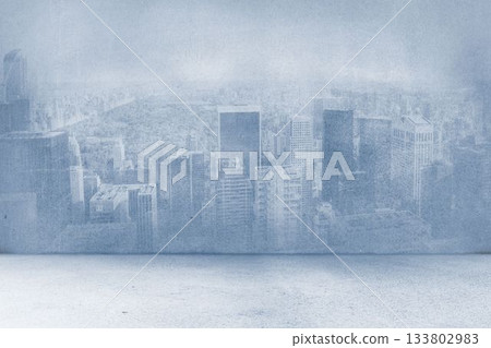 Flat design studio interior featuring textured city skyline mural covering wall with concrete floor 133802983