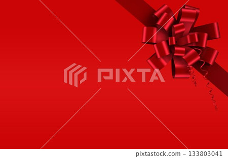 Flat design illustration is showing red gradient backdrop with diagonal ribbon and shiny red bow 133803041