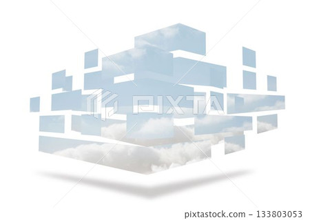 Abstract 3D prism blocks are floating in minimal white void showing sky and cloud textures 133803053