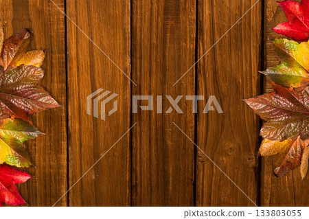 Top-down view showing autumn leaves clustering along wooden plank edges, flat design, copy space Top-down view showing autumn leaves clustering along wooden plank edges, flat design, copy space 133803055