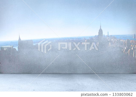 Empire State Building silhouette is rising behind hazy glass panel over ledge in flat design Empire State Building silhouette is rising behind hazy glass panel over ledge in flat design 133803062