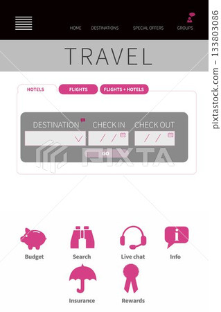 Travel booking UI is displaying flat design hotels form with destination field, date pickers, icons 133803086