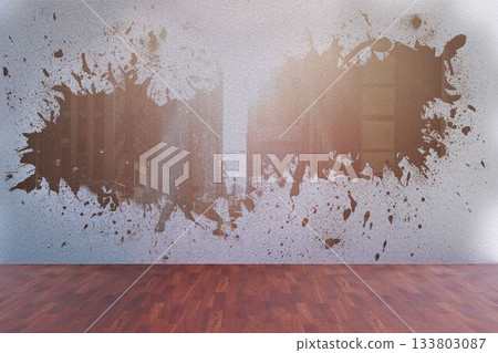 Splash on wall revealing city view Splash on wall revealing city view 133803087