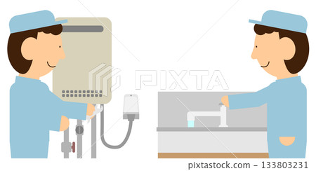 一名工人正在排空熱水器中的水。 133803231