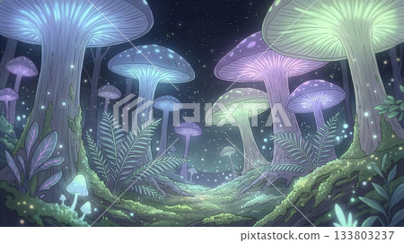 Fantasy otherworldly forest illustration background with giant glowing mushrooms 133803237