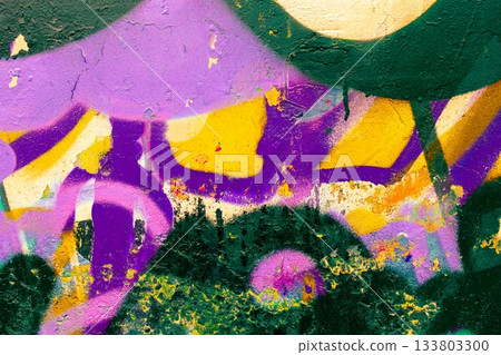 Vibrant Graffiti Art in Purple, Yellow, Green for Modern 90s Street Design Vibrant Graffiti Art in Purple, Yellow, Green for Modern 90s Street Design 133803300