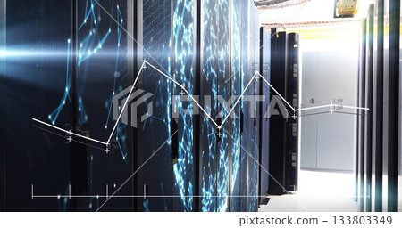 Revealing server racks tracing data flows in data center corridor, with cables and network overlay Revealing server racks tracing data flows in data center corridor, with cables and network overlay 133803349