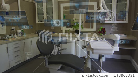 Showing dental exam room featuring black patient chair at clinic, with augmented reality display Showing dental exam room featuring black patient chair at clinic, with augmented reality display 133803351