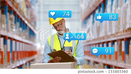 Checking inspector wearing hard hat verifying box contents in warehouse with clipboard and icons Checking inspector wearing hard hat verifying box contents in warehouse with clipboard and icons 133803360