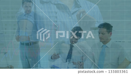 Two men in shirts and ties analyzing documents at glass table, with chart grids overlay Two men in shirts and ties analyzing documents at glass table, with chart grids overlay 133803361