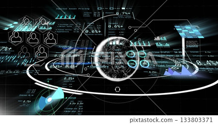 Displaying holographic financial display projecting globe in interface with rings and hexagon icons Displaying holographic financial display projecting globe in interface with rings and hexagon icons 133803371