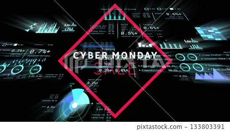 Featuring magenta diamond frame highlighting CYBER MONDAY SALE on screen with holographic panels Featuring magenta diamond frame highlighting CYBER MONDAY SALE on screen with holographic panels 133803391