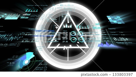 Showing holographic UI overlaying triangle in data hub with charts, grids and gauge, copy space 133803397