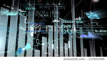 Floating vertical bar charts and line graphs pulsing in digital space, with holographic data panels 133803400