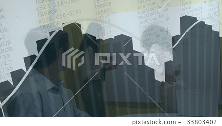 Showing three business professionals pointing at bar chart, error logs in meeting room, with tablet 133803402