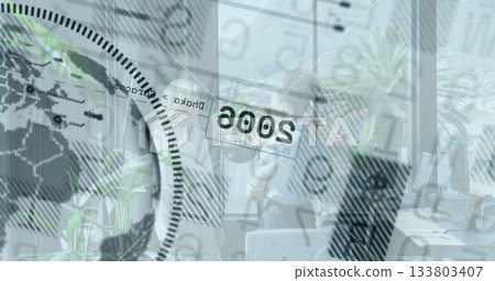 Digital clock image over people discussing in modern office environment Digital clock image over people discussing in modern office environment 133803407