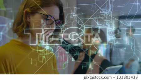 Focusing mustard sweater woman tapping smartphone at open office, tablet, TECH overlay, copy space Focusing mustard sweater woman tapping smartphone at open office, tablet, TECH overlay, copy space 133803439
