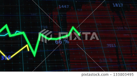 Image of green line graph increasing 65% over red and blue grid background 133803495