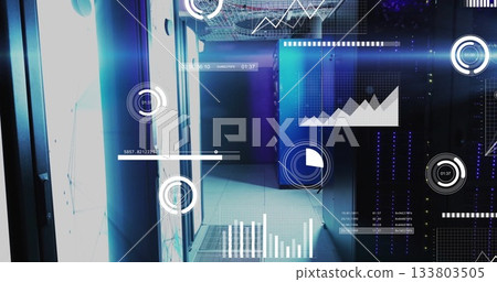 Displaying central server racks running in data center aisle, with LED indicators and data overlays Displaying central server racks running in data center aisle, with LED indicators and data overlays 133803505