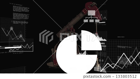 Image of oil pumpjack with data charts in black background for school use 133803512