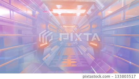 Leading futuristic metallic corridor through spaceship interior, with orange light panels 133803517