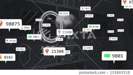 Displaying central bubble showing 21308 on digital dashboard, with data pop-ups and pin icons 133803518