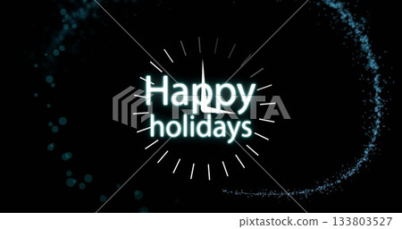 Displaying glowing turquoise Happy holidays text with tick marks and swirling light on black canvas 133803527