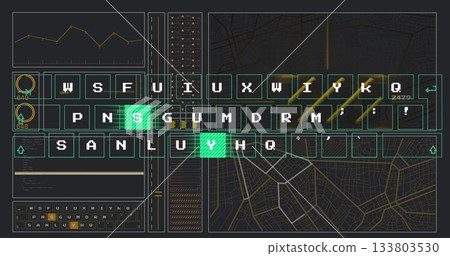 Displaying central virtual keyboard at workstation, with line graph, green keys and map counter 133803530