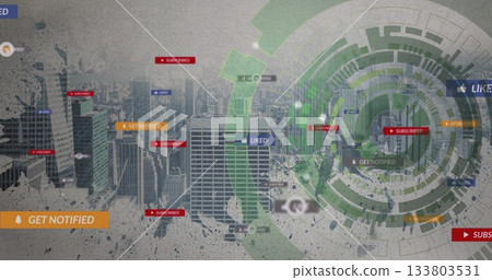 Showing green interface over skyscraper skyline with bell icons, SUBSCRIBED, LIKED tags, copy space Showing green interface over skyscraper skyline with bell icons, SUBSCRIBED, LIKED tags, copy space 133803531