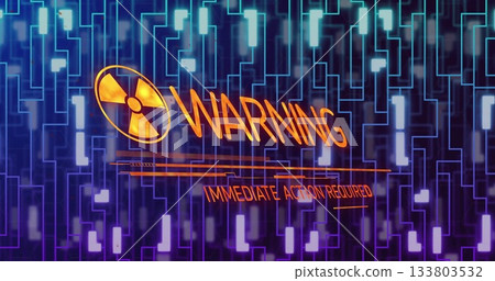 Displaying radiation trefoil symbol, WARNING IMMEDIATE ACTION REQUIRED on UI, with circuit backdrop 133803532