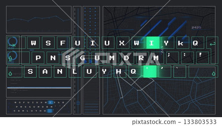Showing keyboard interface flashing green keys on dashboard, with data panels and city map overlay 133803533