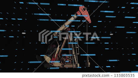 Showing oil pump jack with red horsehead, beam, ladder against void, scanning blue data bars 133803535