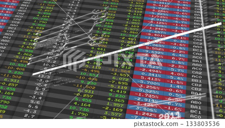 Displaying white ascending line chart arrow crossing trading dashboard, with color-coded stock grid Displaying white ascending line chart arrow crossing trading dashboard, with color-coded stock grid 133803536