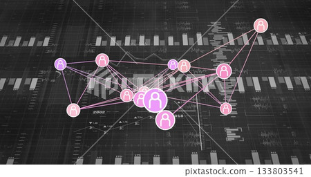 Displaying connected circular user icons floating on dark dashboard grid, with bar chart segments 133803541