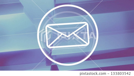 Showing white envelope icon inside circular outline floating over blue-purple beams, tech theme Showing white envelope icon inside circular outline floating over blue-purple beams, tech theme 133803542