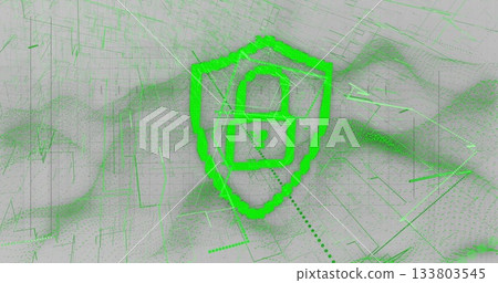 Floating neon green shield displaying padlock icon in abstract digital network, with dotted path 133803545
